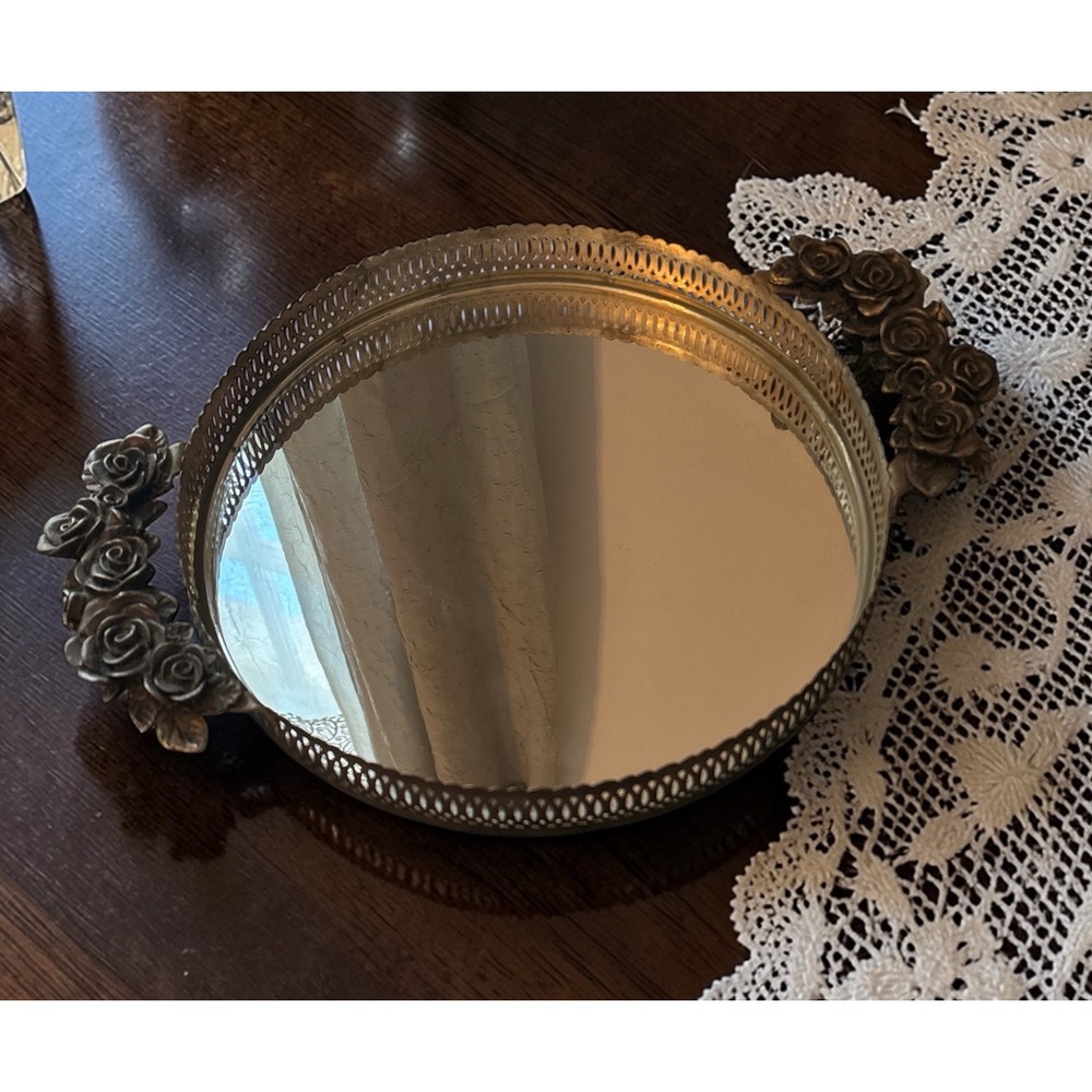 Vintage Round Mirrored Vanity Tray Gold Tone Pierced Metal‎ Rose Flower Handles